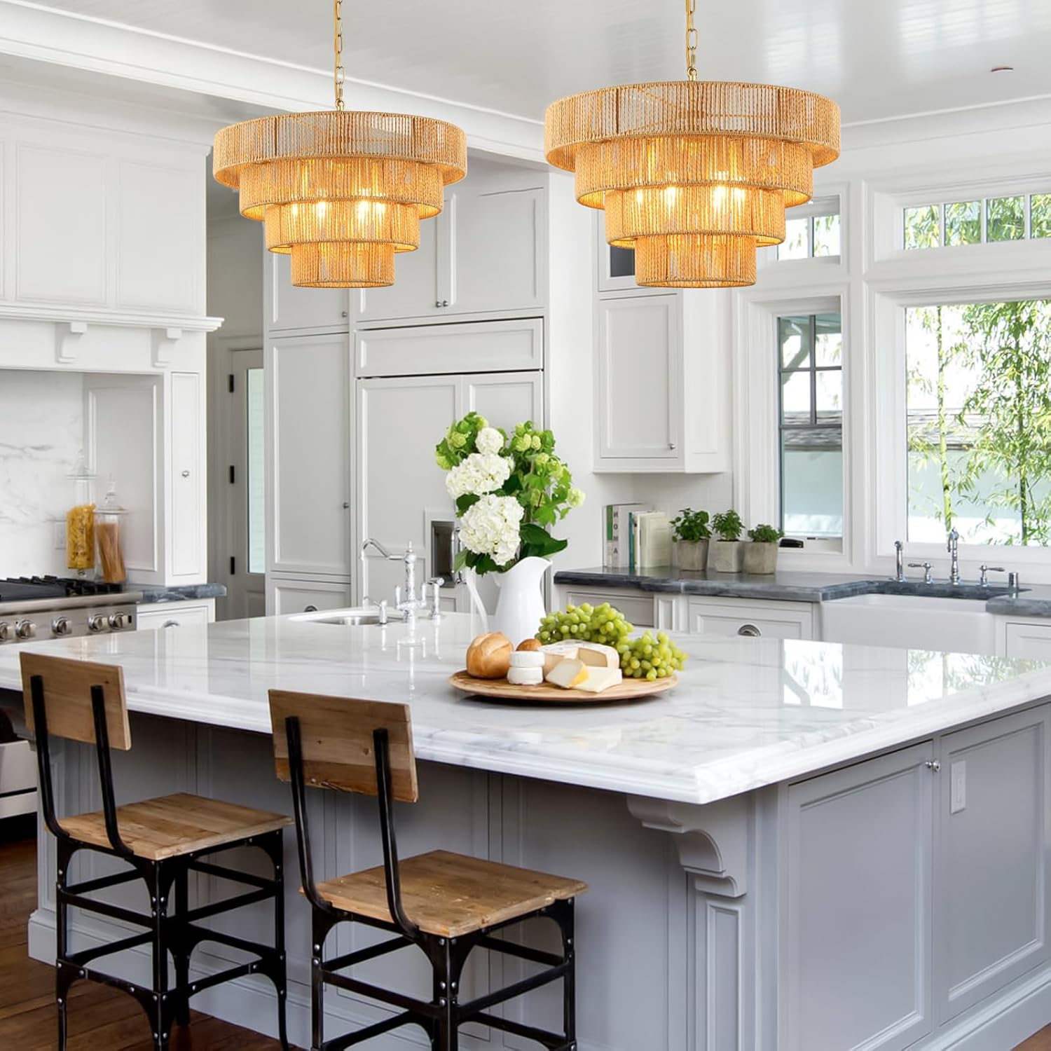 Schindora Lampadario Rattan Vintage Boho 50 Cm, Ottone - immagine 4