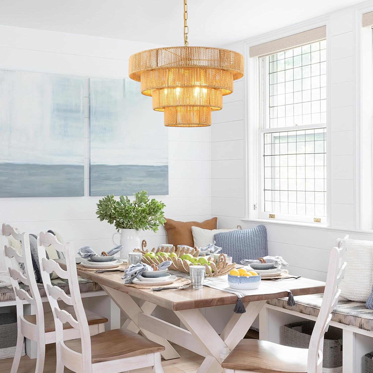 Schindora Lampadario Rattan Vintage Boho 50 Cm, Ottone - immagine 6