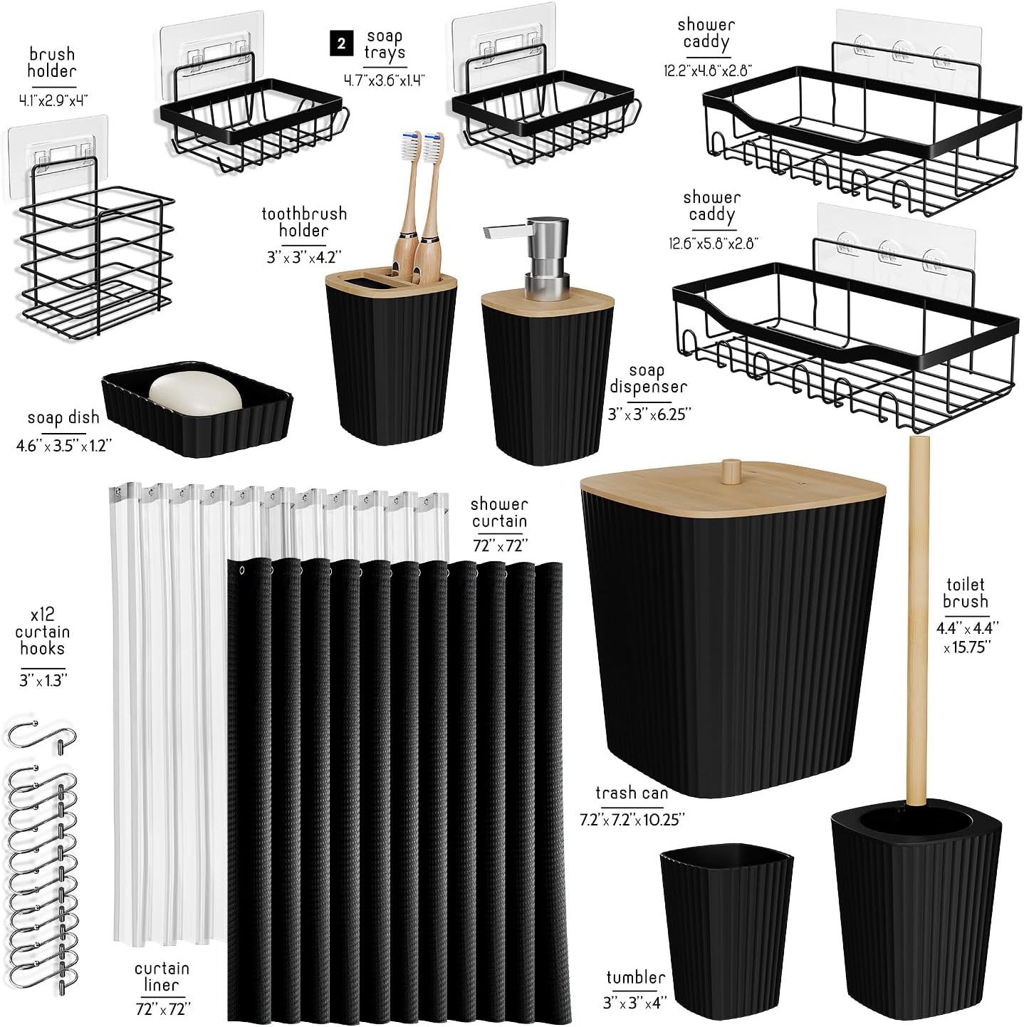 Set Accessori Doccia e Bagno 25 Pezzi, Nero - immagine 2