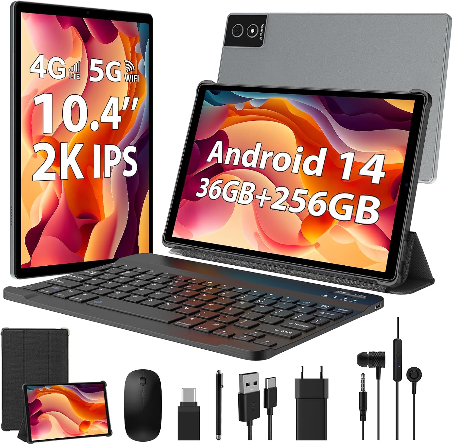 Tablet Android 14 da 10.4 pollici, 36G RAM+256G ROM, Grigio - immagine 1