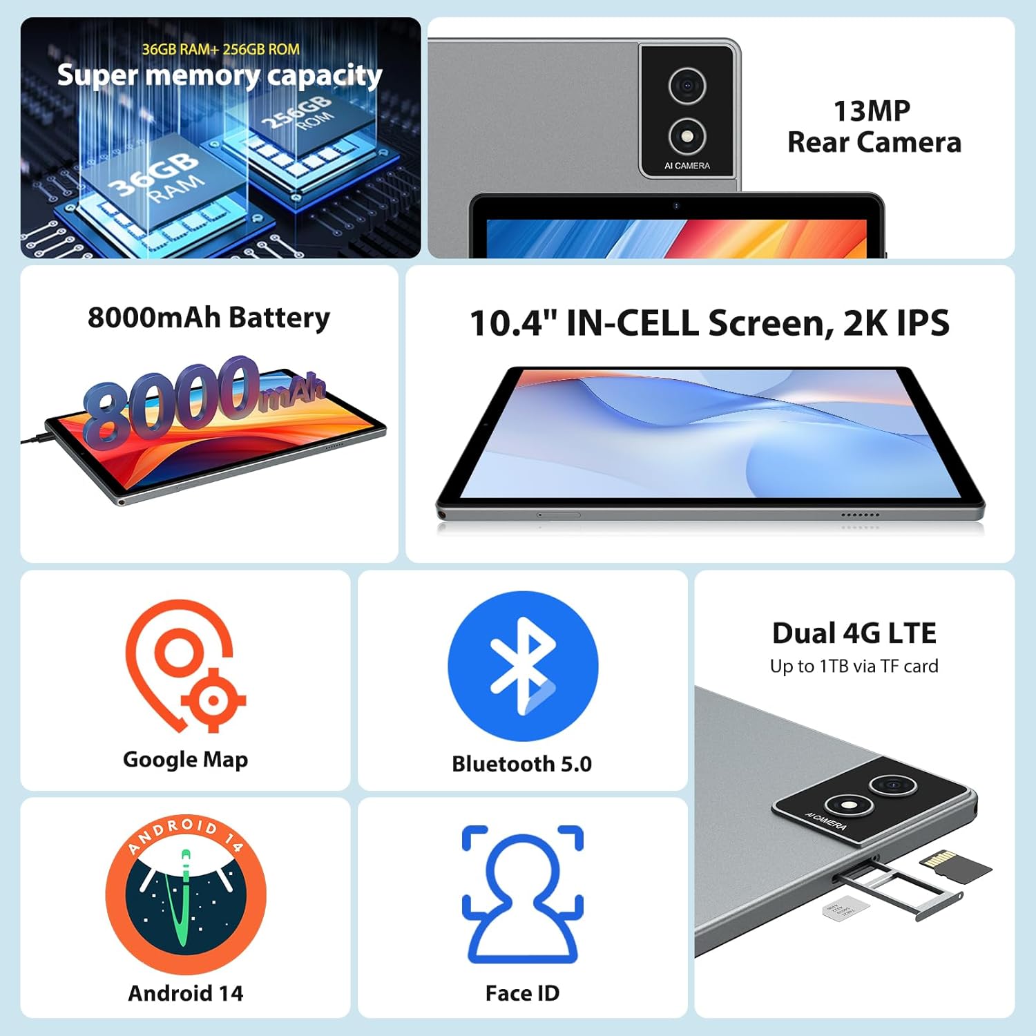 Tablet Android 14 da 10.4 pollici, 36G RAM+256G ROM, Grigio - immagine 2