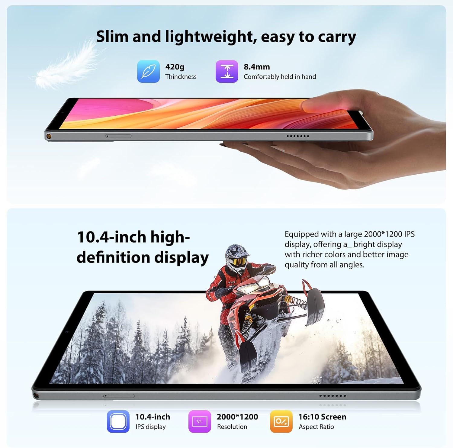 Tablet Android 14 da 10.4 pollici, 36G RAM+256G ROM, Grigio - immagine 3