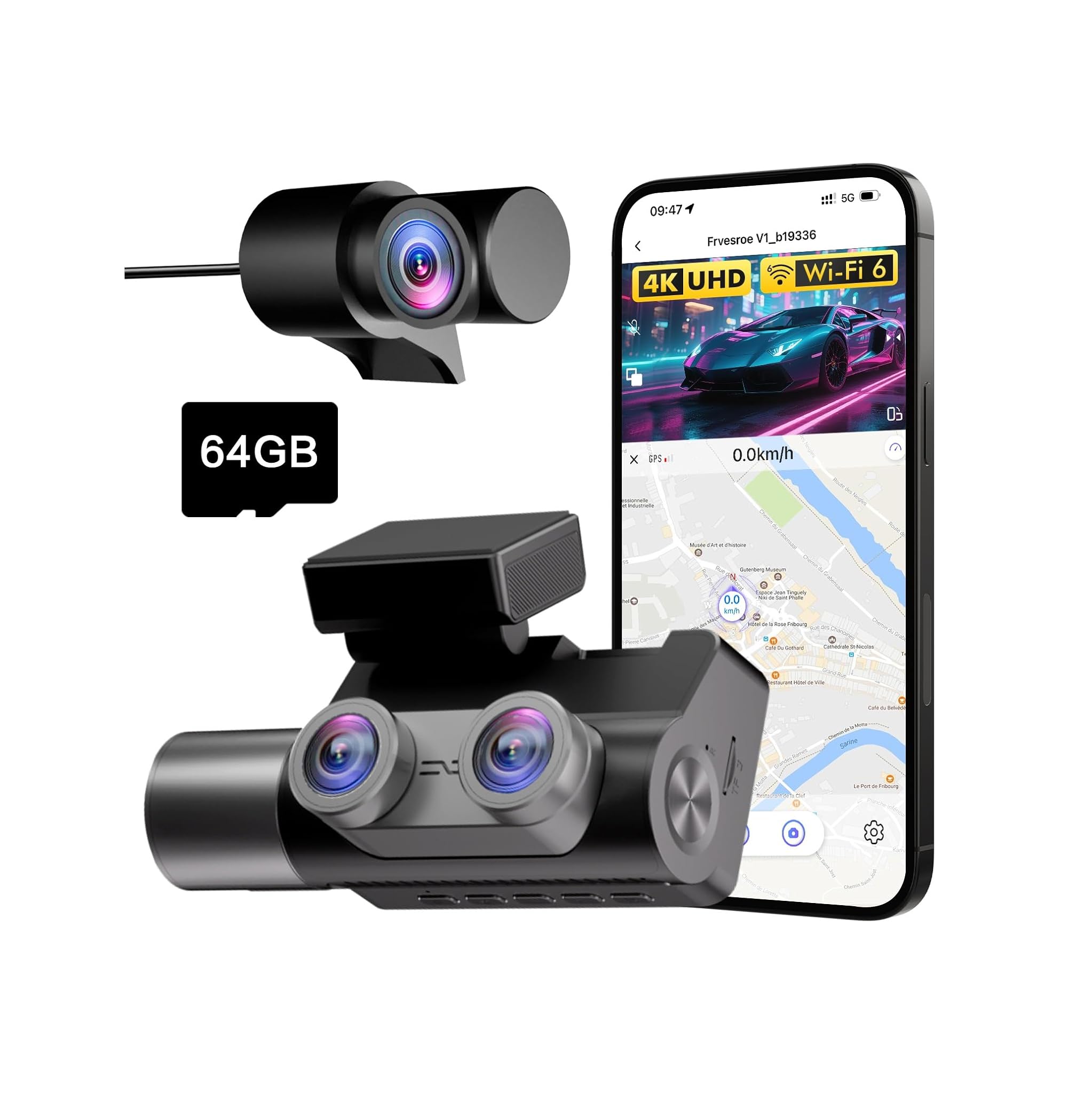 Dash Cam Auto 3 Canali 4K UHD + Full HD con 64GB