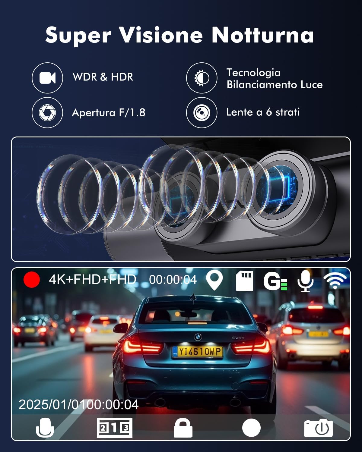 Dash Cam Auto 3 Canali 4K UHD + Full HD con 64GB - immagine 5