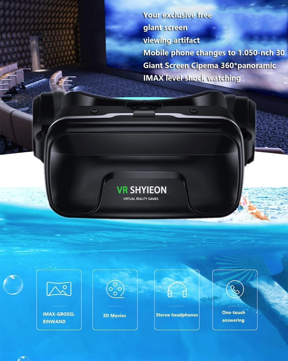 Occhiali VR 3D Visore Realtà Virtuale HD, Nero - immagine 4