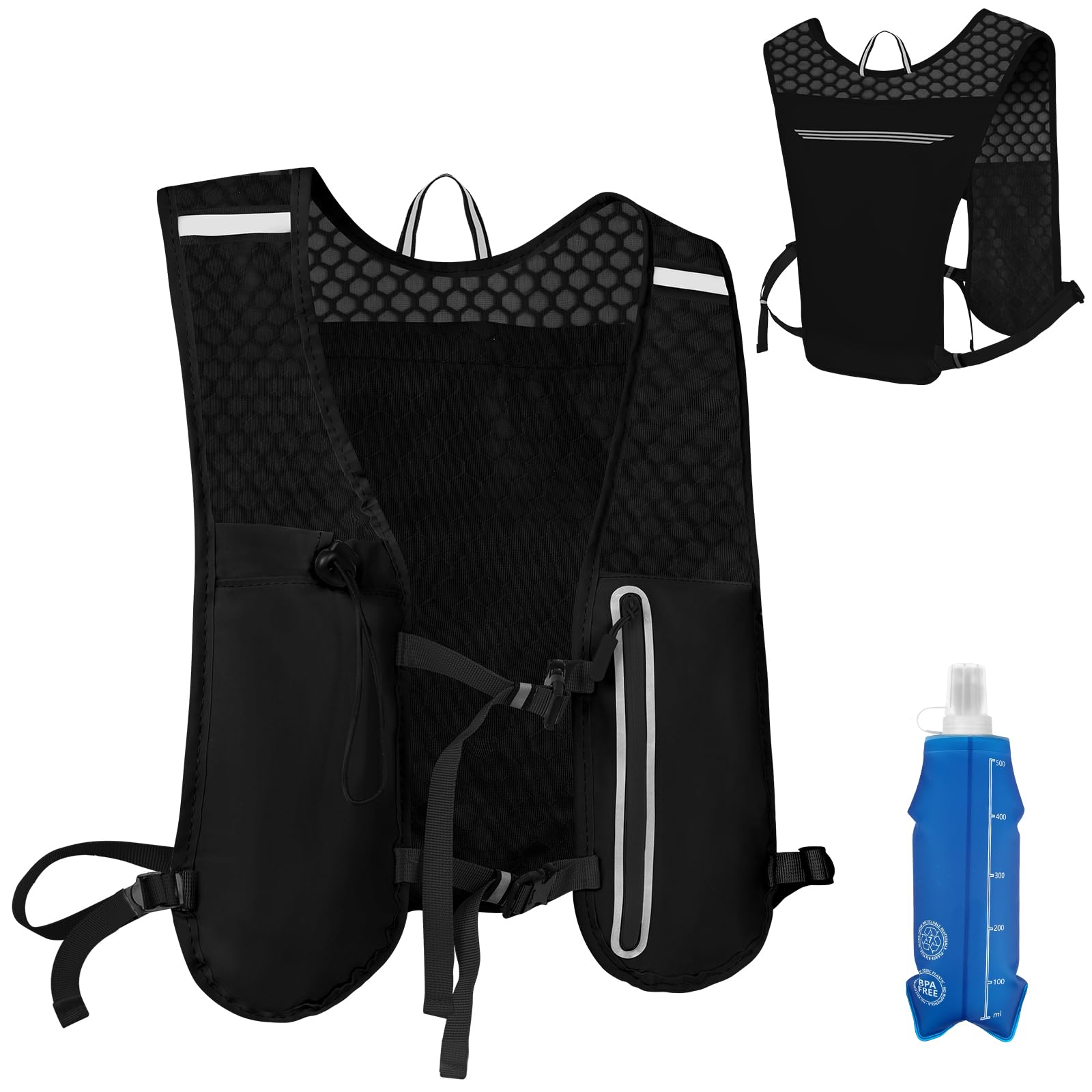 Zaino Idratazione, Running Vest, Zaino Corsa Idratazione, con Borraccia Morbida 500ml ,traspirante, egolabile per Corsa Ciclismo Maratona Trekking Trail(Nero)