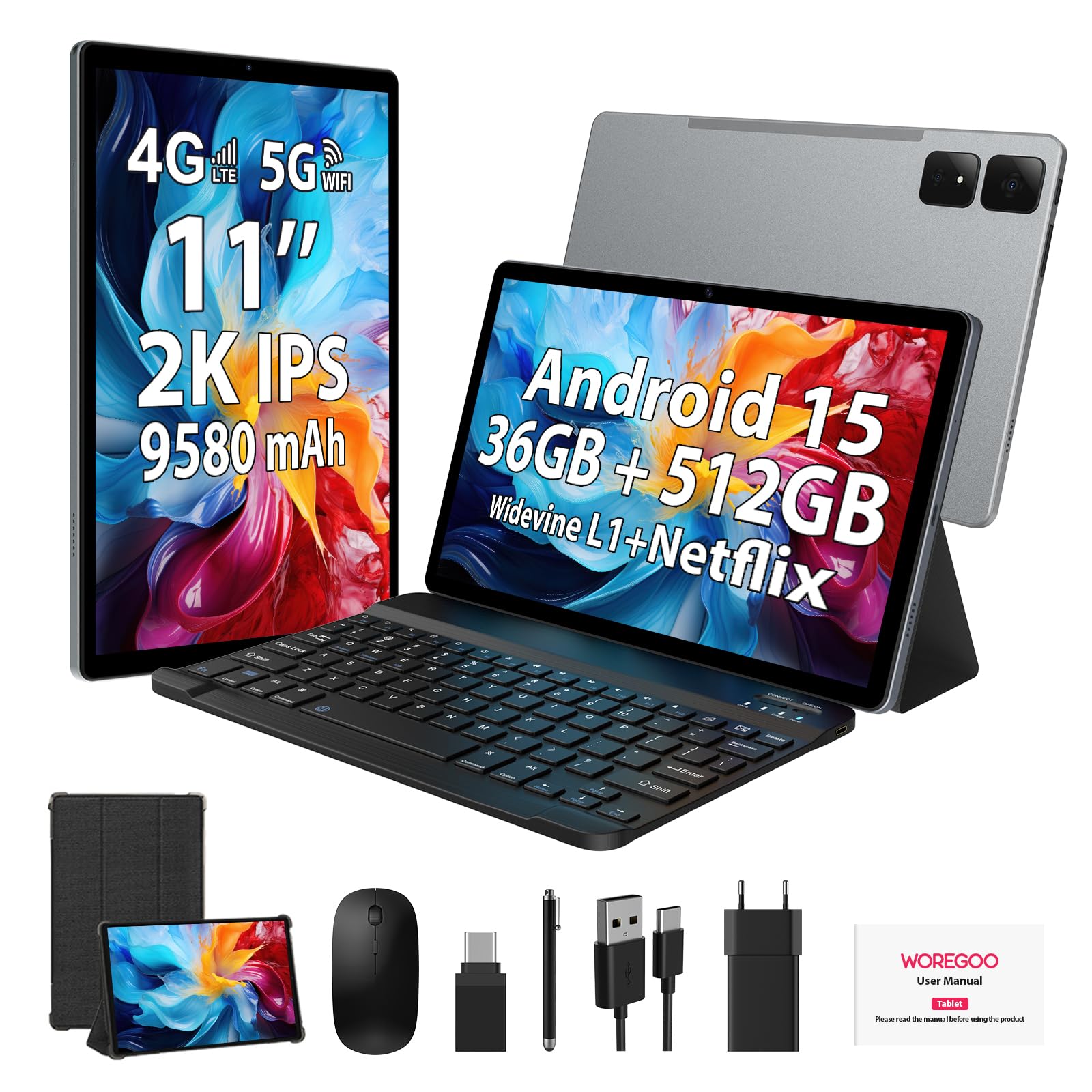 Tablet Android 15 da 11 Pollici con Tastiera+Mouse