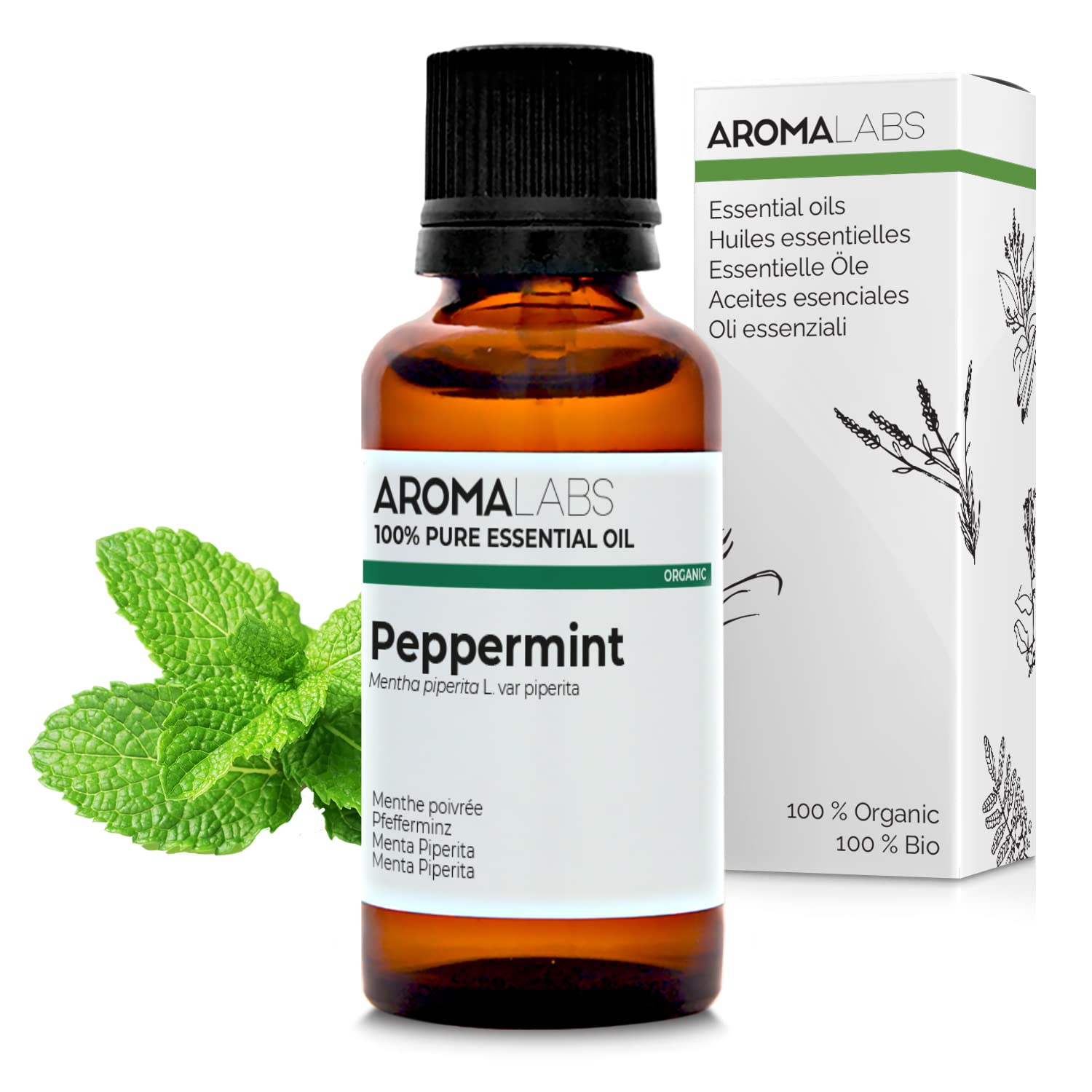 Menta Piperita BIO (Mentha x piperita) - 30 mL - Olio Essenziale Chemiotipizzato e Certificato AB - Digestione - Aroma Labs - Made in France