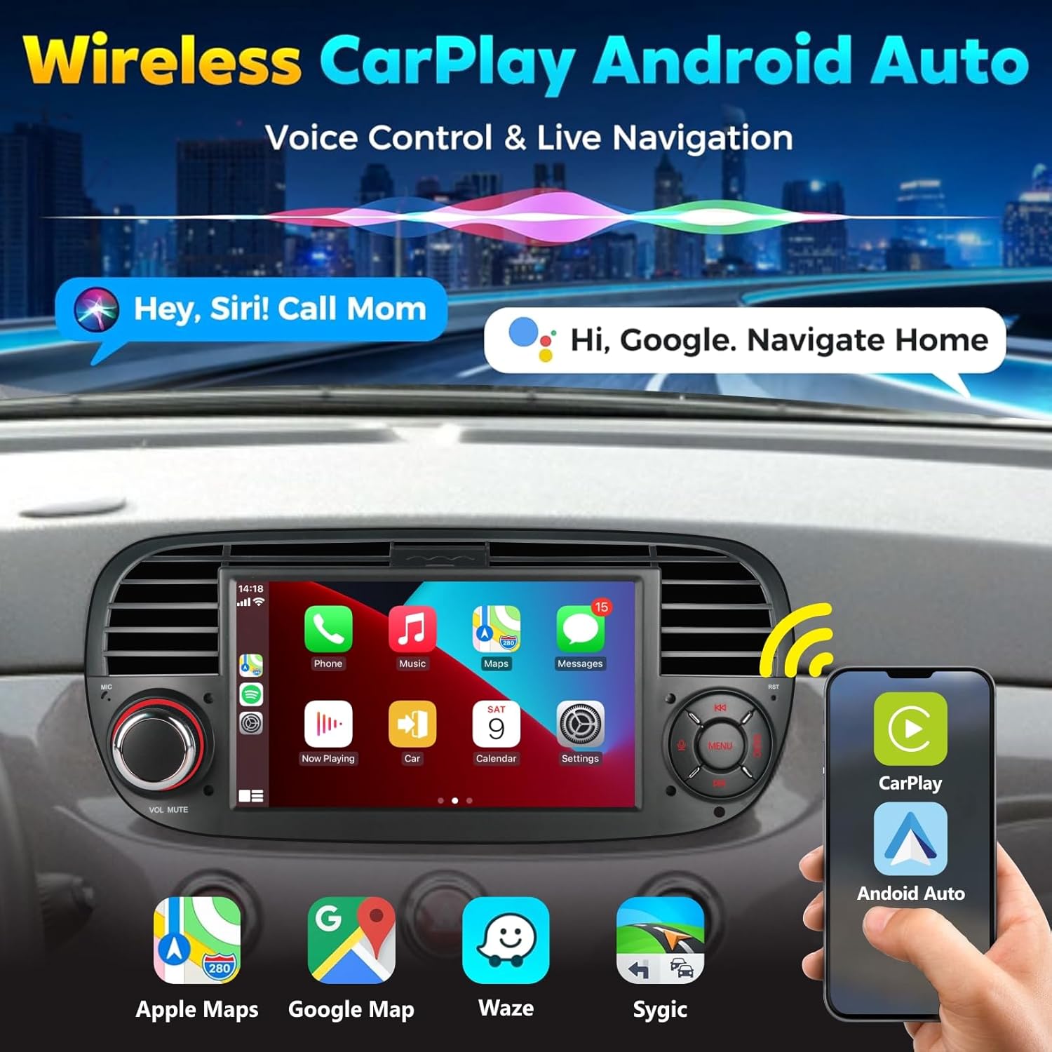 Linux Autoradio per Fiat 500 (2007-2015) 7" Touchscreen, Nero - immagine 2