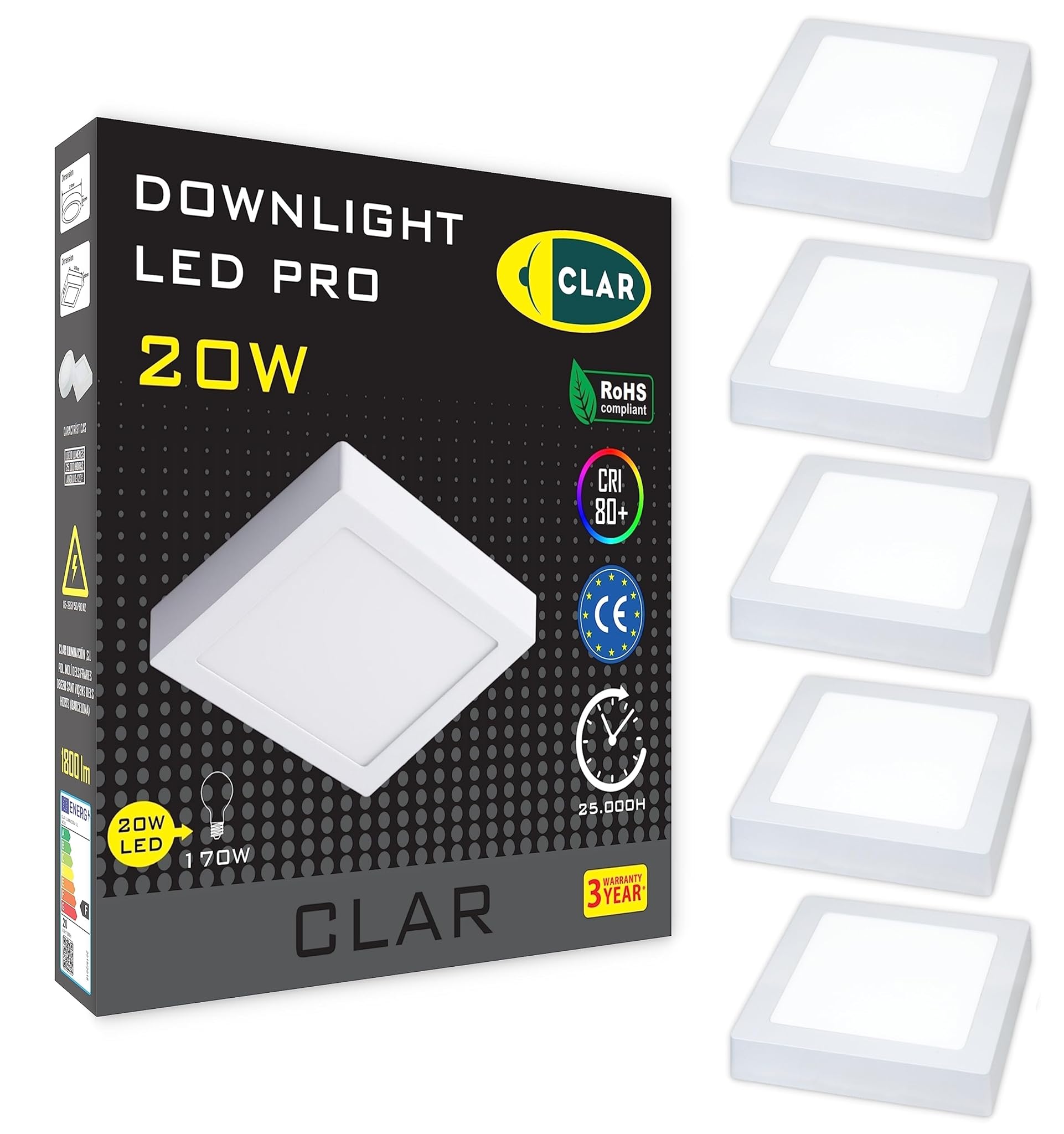 Clar Plafoniera LED Soffitto Quadrata 20W (Pack 5)