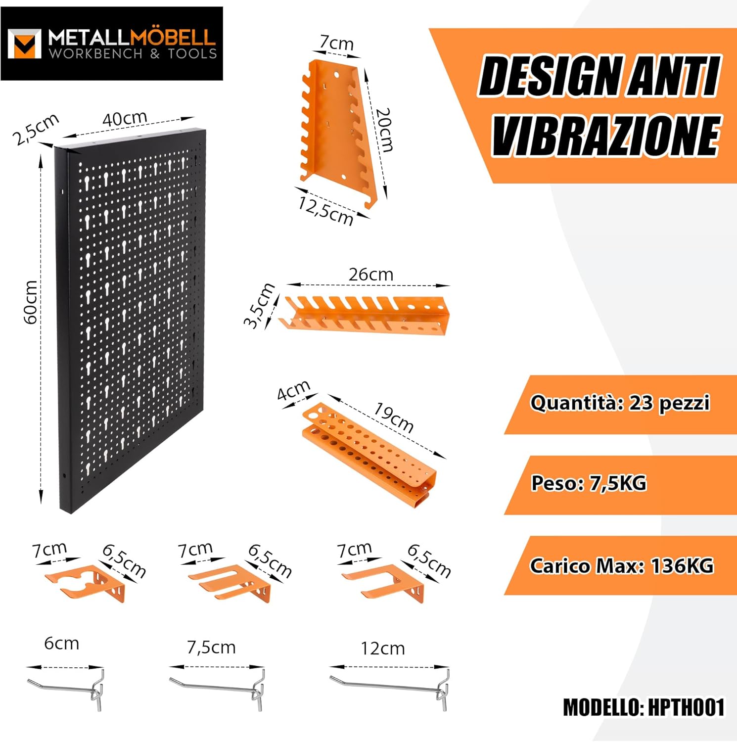 METALLMOBELL - Pannello Porta Attrezzi da Parete 160x60cm - immagine 2