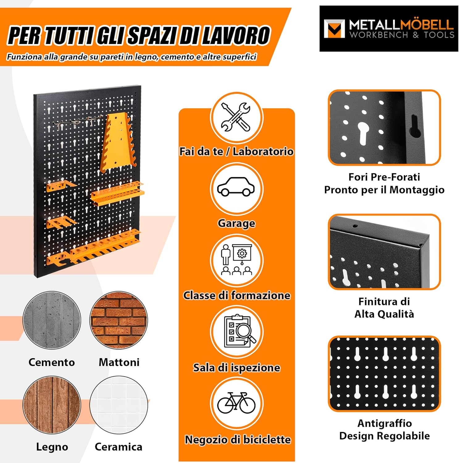METALLMOBELL - Pannello Porta Attrezzi da Parete 160x60cm - immagine 3