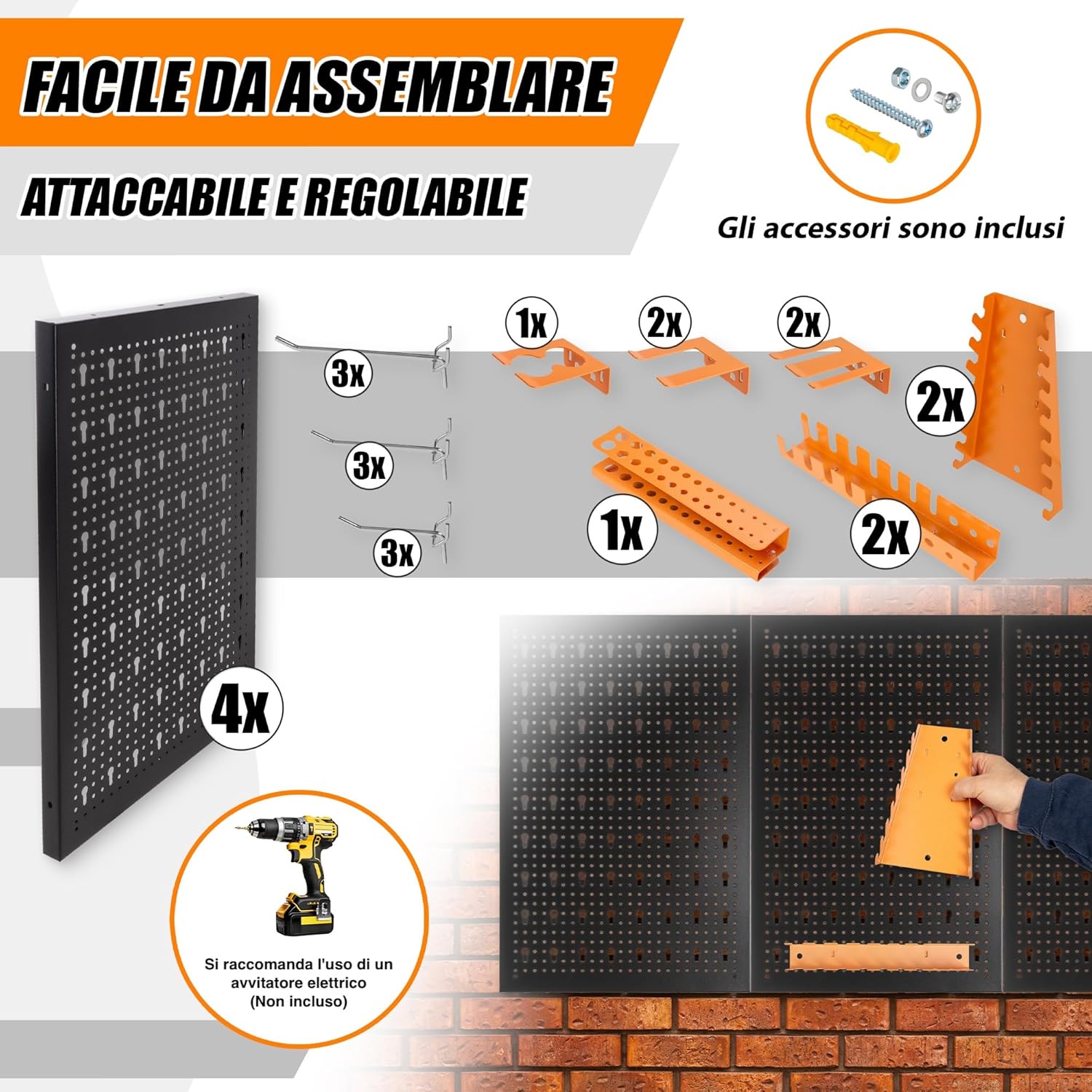 METALLMOBELL - Pannello Porta Attrezzi da Parete 160x60cm - immagine 4