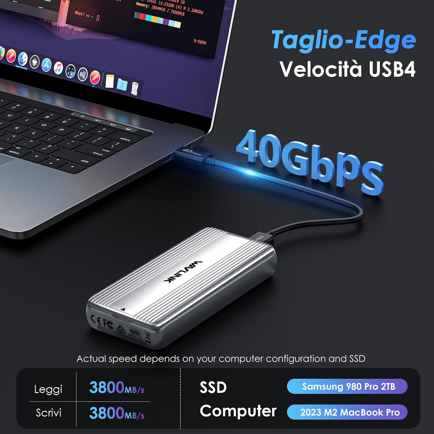 Wavlink Case SSD M.2 NVMe 40Gbps con Ventola - immagine 2