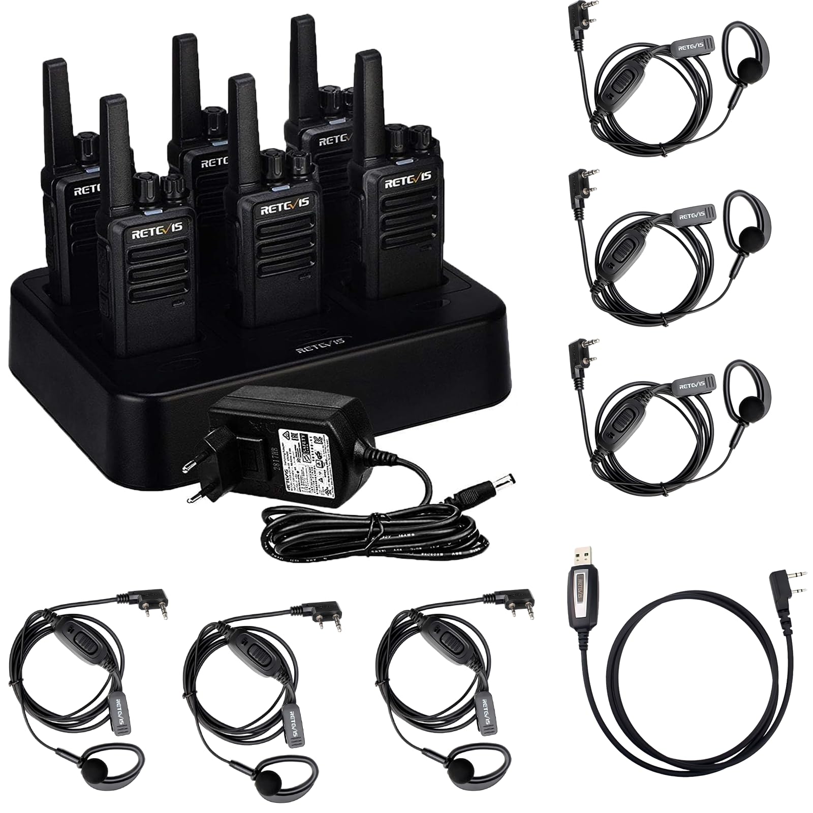 Retevis RT668 Walkie Talkie Professionali Bundle with Cavo USB di Programmazione, PMR446 con Caricatore a 6 Vie, VOX per Fornitori, Magazzino (6 Radios + 1 Cavo)