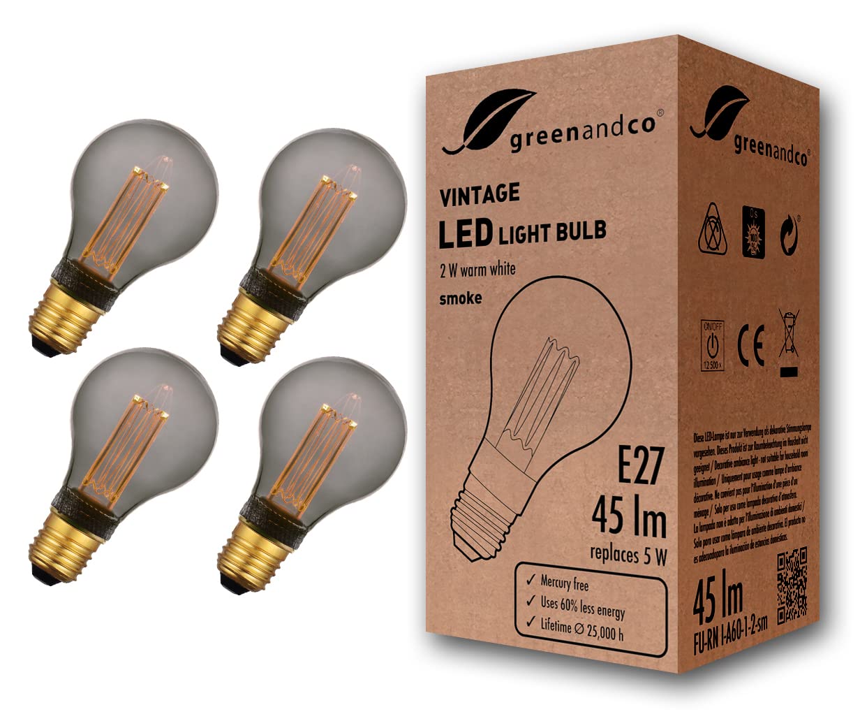 Greenandco Lampadina LED Vintage E27 A60 2W, 4 pezzi