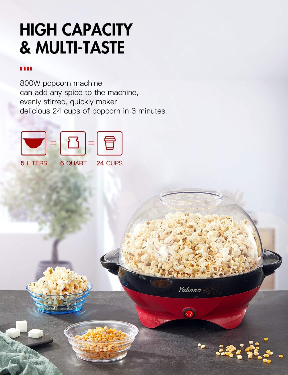 Macchina Popcorn 5L Antiaderente 800W, Rosso