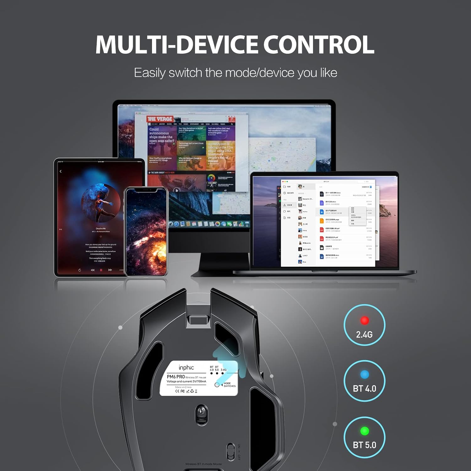 Inphic Mouse Bluetooth Wireless Ricaricabile 1600 DPI, Nero - immagine 2