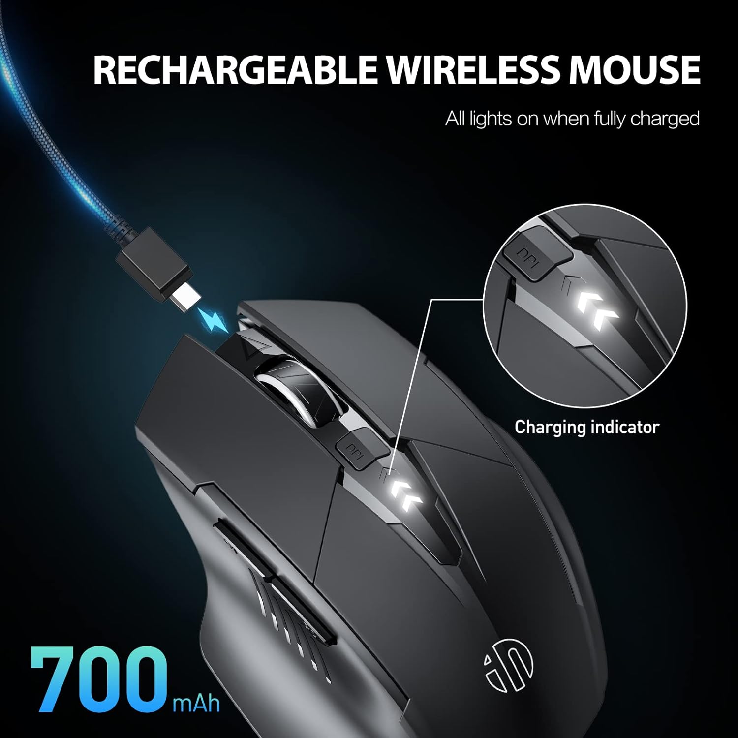 Inphic Mouse Bluetooth Wireless Ricaricabile 1600 DPI, Nero - immagine 3