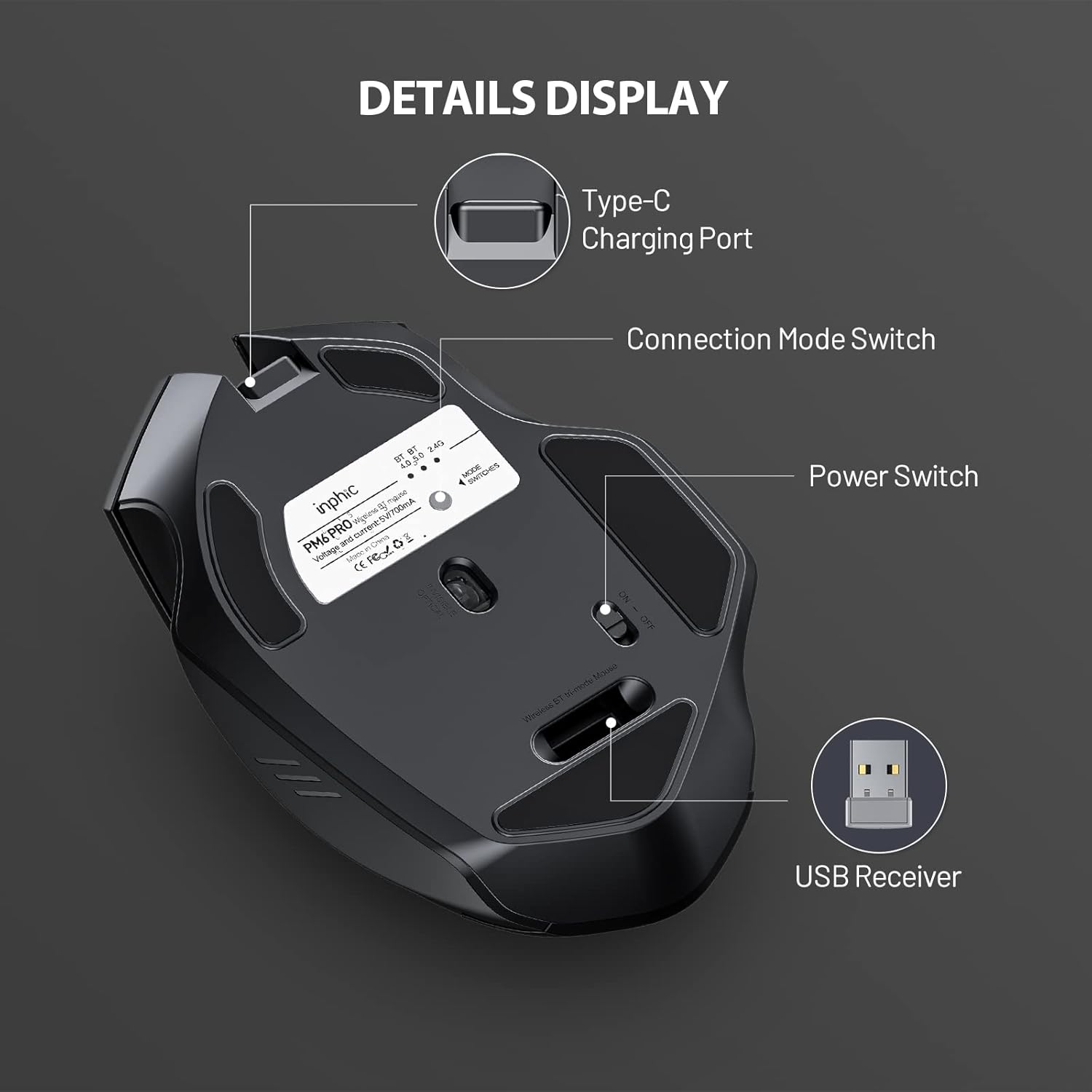 Inphic Mouse Bluetooth Wireless Ricaricabile 1600 DPI, Nero - immagine 6