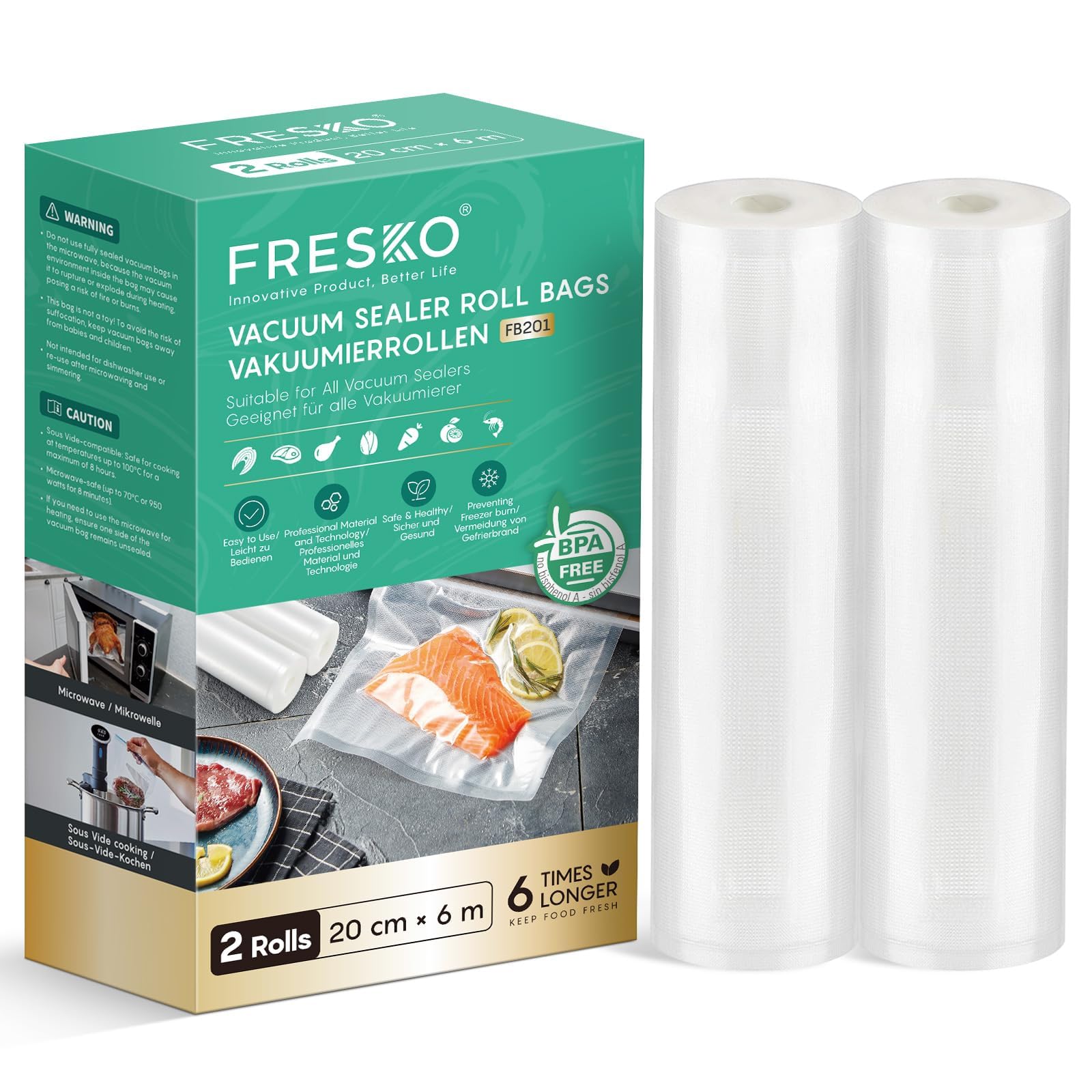 Fresko Sacchetti Sottovuoto Alimenti 2 Rotoli 20x600cm