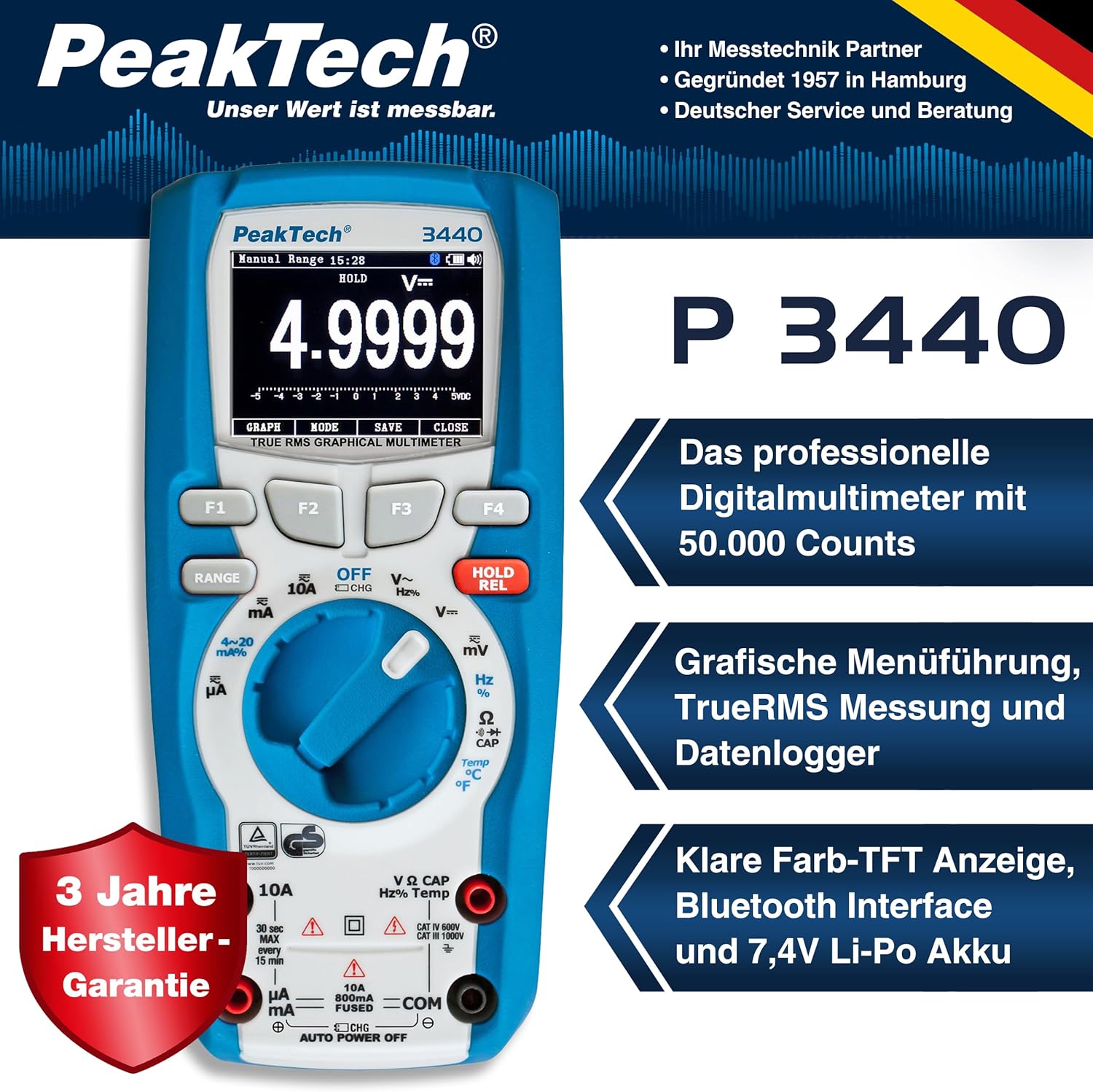 Peaktech 3440 - Multimetro Digitale True RMS Bluetooth 4 - immagine 2